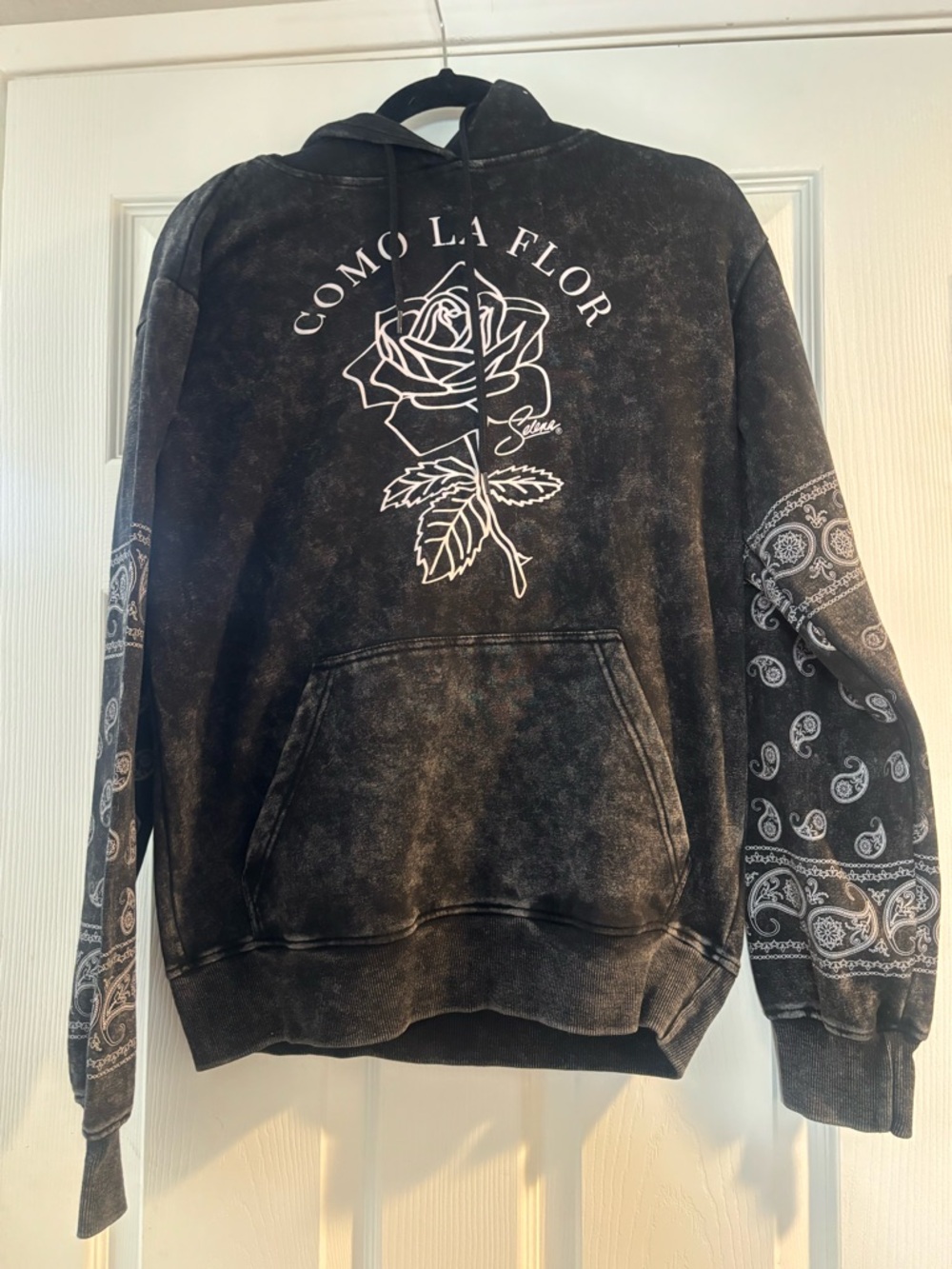 Selena Original Como La Flor Black Washed Rose Graphic Hoodie